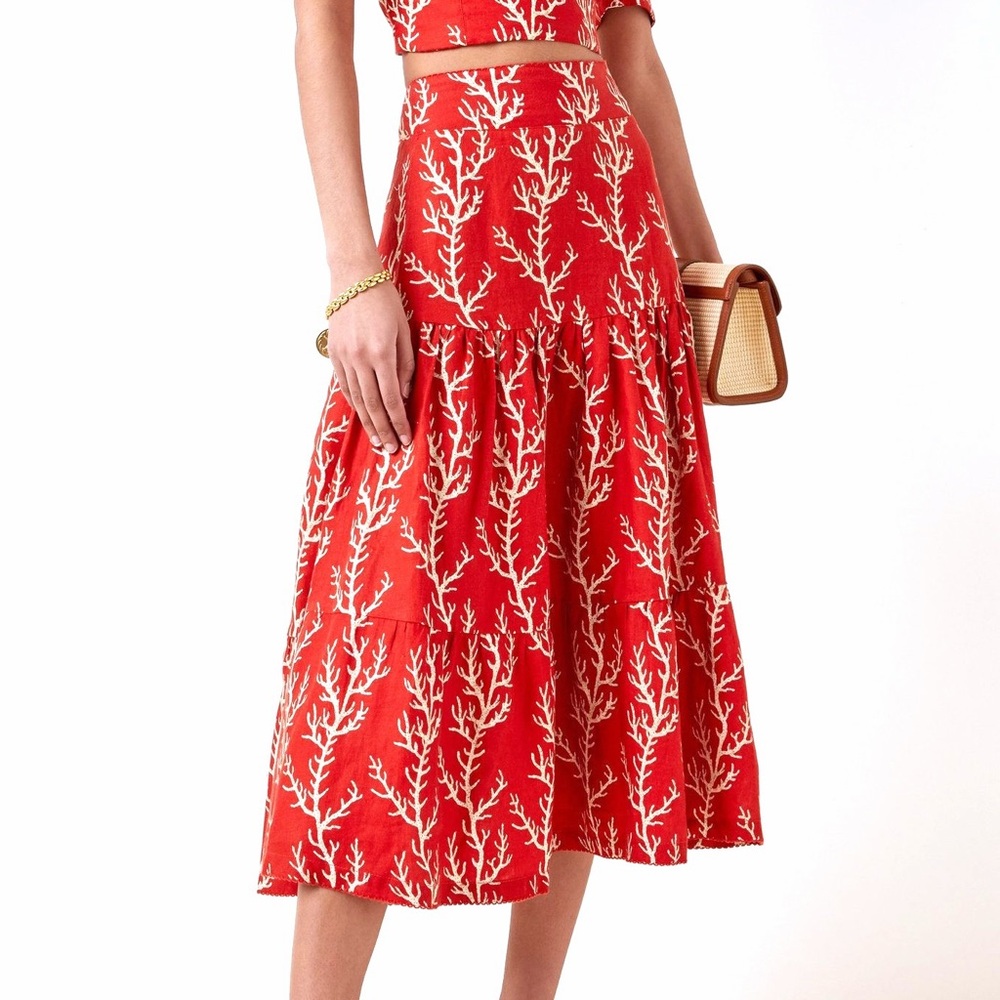 Agua Bendita Anis Arrecife Coral Print Midi Skirt Red Linen Floral A Line S